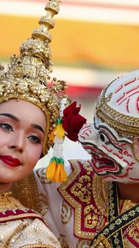 Thai Khon Dancers Perform Traditional Hanuman and Suphannamatcha Scene Outdoors