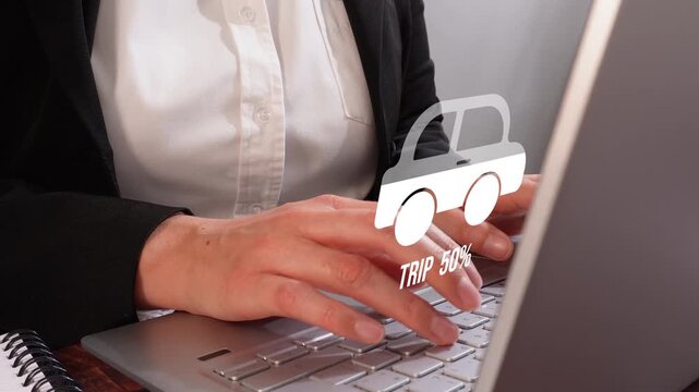 Close-up of female hands typing on a laptop with a fill animation of a car's percentage counter and the word "Trip".