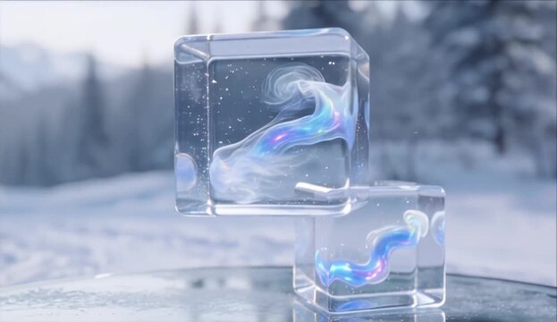 Cybersecurity abstract background holographic ice cube glowing liquid energy winter landscape snow frost forest crystal fantasy serene digital art concept with holographic wave inside glass cube