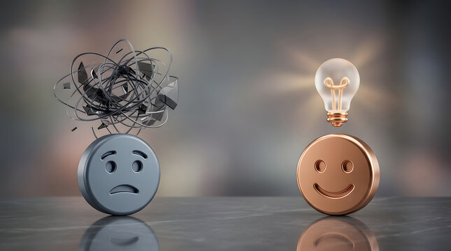 Confused Face with Tangled Wire Versus Smiling Face with Glowing Light Bulb, Mindset Transformation and Solution Concept