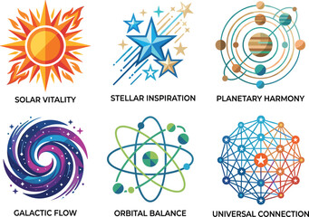 Colorful Cosmic Energy and Celestial Symbols Vector Set Featuring Sun Stars Planets Galaxy and Universal Connection © MdSumon