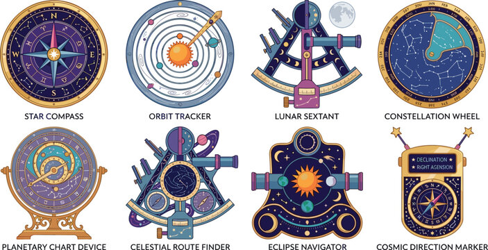 Astronomy Navigation Instruments Vector Set Featuring Star Compass Sextant Constellation Wheel and Celestial Tools