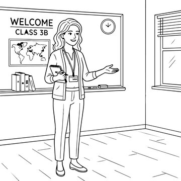 Teacher Welcoming Class 3B in Classroom with World Map and Clock