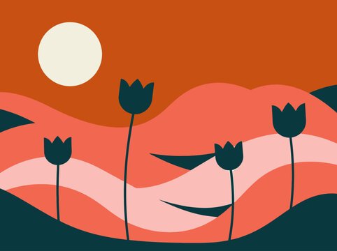 Minimalist Retro Landscape with Sun, Hills, and Tulip Silhouettes