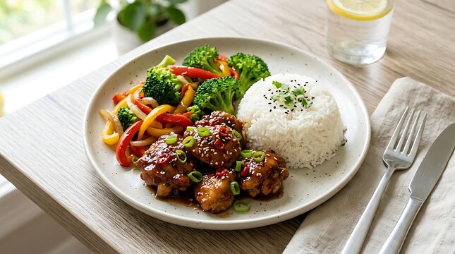 Delicious stir fry beef with broccoli and bell peppers served on a plate with steamed white rice. general tso chicken