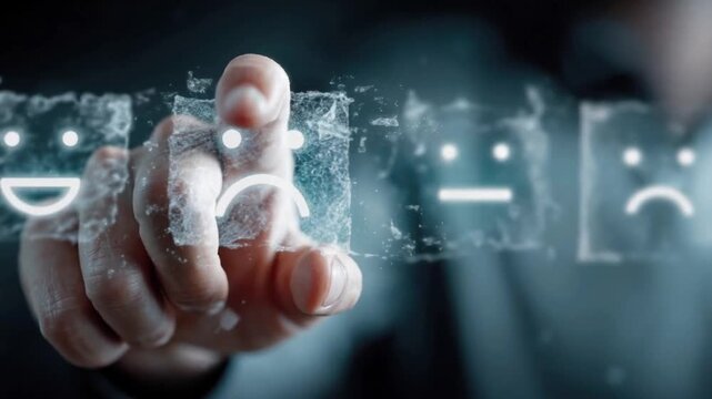 A user's finger interacts with a digital interface, selecting a neutral or slightly dissatisfied emoticon from a row of emotion icons. ..Created with Generative AI, not depicting real subjects.