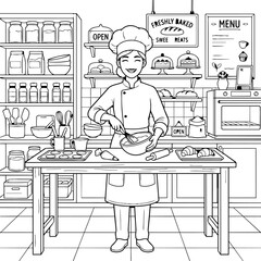 Obraz premium Happy Baker Decorating Pastries in Cozy Bakery Kitchen - Line Art