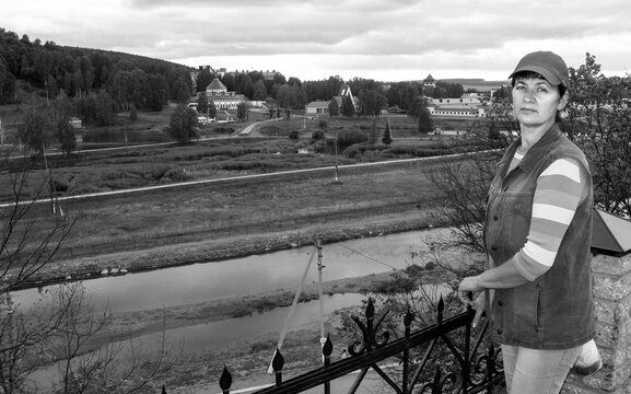 beautiful woman undergoing treatment at the Krasnousolsky balneological sanatorium on a summer sunny day