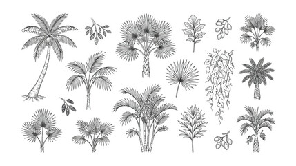Vintage tropical palm tree vector set, hand drawn botanical sketches of exotic jungle foliage, black and white engraved garden plants for summer design © HayeGareebi