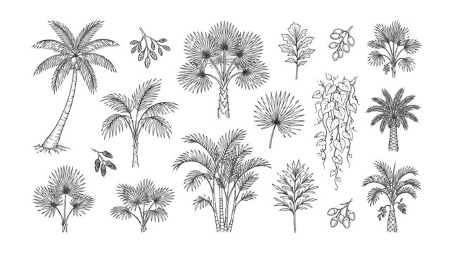 Vintage tropical palm tree vector set, hand drawn botanical sketches of exotic jungle foliage, black and white engraved garden plants for summer design