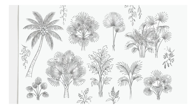 Vintage tropical palm tree sketches, hand drawn botanical jungle plant collection, black and white engraved exotic flora vector set for wallpaper