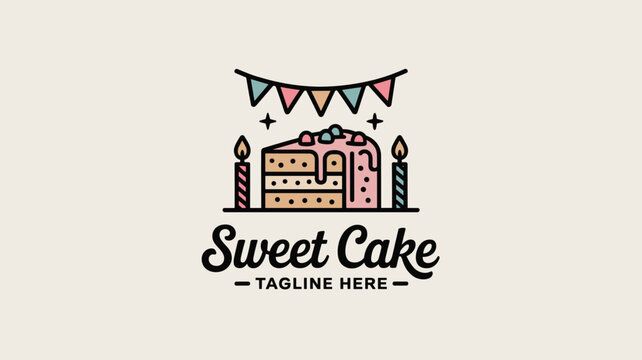 Delicious birthday cake slice logo featuring colorful icing drips burning candles and festive party bunting on a plain background.