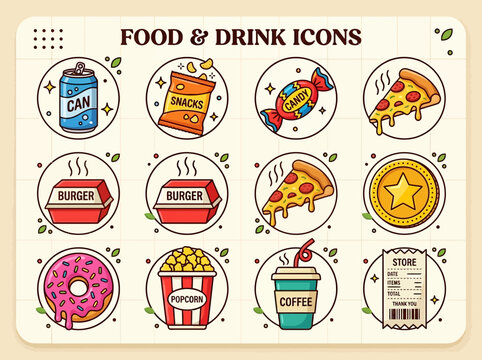 Cartoon Fast Food and Drink Icon Set with Pizza Burger Donut Coffee and Snacks
