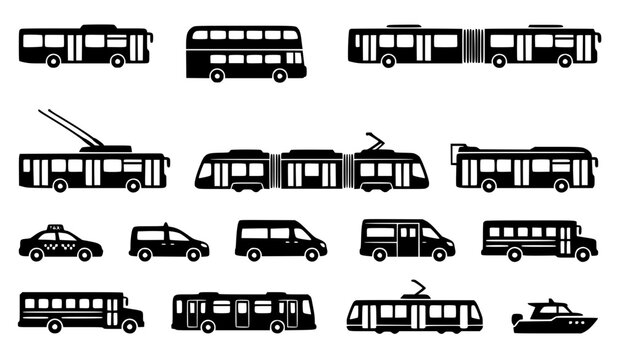 Public Transport Silhouettes Set with Buses Trams Taxi and Vans