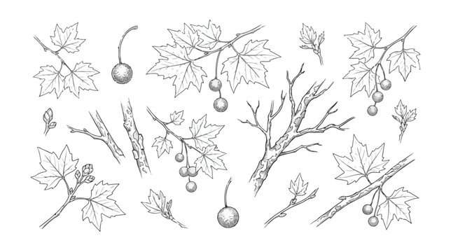 Vintage plane tree botanical sketches, hand drawn sycamore leaf and seed pod vector set, antique style forest foliage line art illustrations