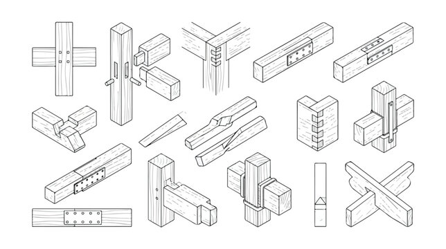 Traditional Japanese wood joinery set, isometric timber connection vector icons, carpentry woodworking joints for furniture and construction