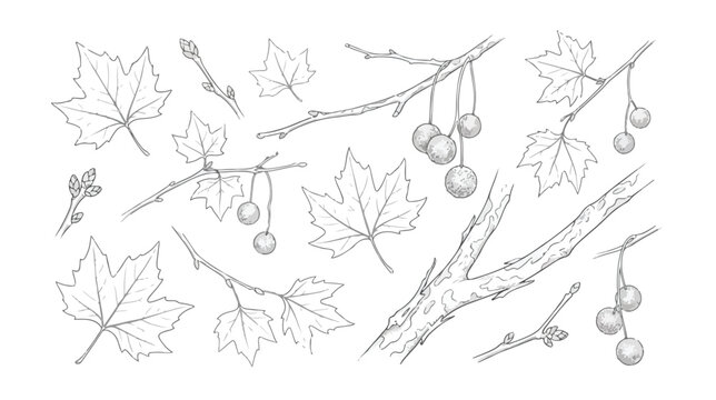 Vintage maple leaf botanical sketches, hand drawn tree branches and seeds vector set, rustic autumn foliage line art illustrations for wedding stationery