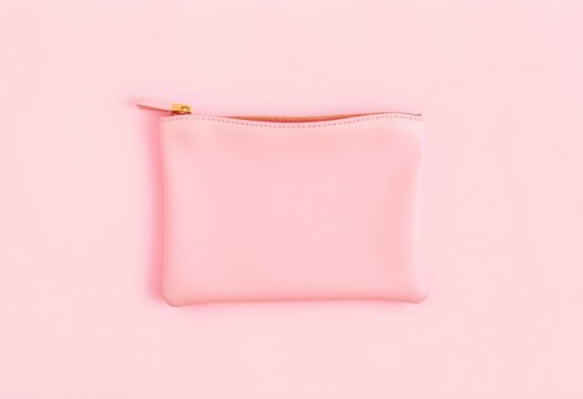 A simple and elegant flat lay of a pink cosmetic bag with a gold zipper, presented against a solid pastel pink background, perfect for beauty and fashion content