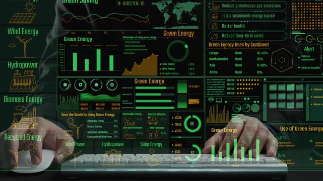 A digital visualization of green energy concepts featuring interactive infographics, data charts, and various renewable energy sources presented for educational and informative purposes. Cipher