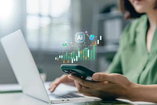 Woman using smartphone with AI powered financial chart overlay.