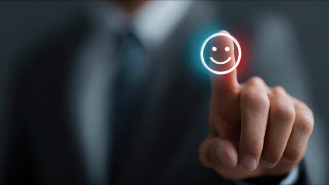 A businessman's finger touches a glowing smiley face icon. ..Created with Generative AI, not depicting real subjects.