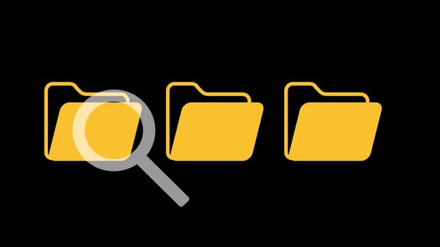 Animation of three yellow folders on a black background. A magnifying glass is placed over the middle folder. The image suggests searching for or organizing digital files.