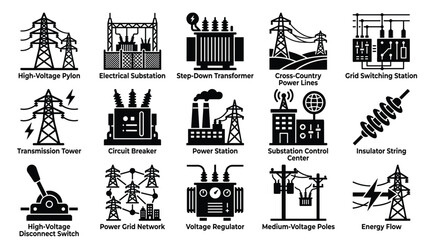 Obraz premium Power grid electrical system black icons set.