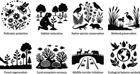 Fototapeta premium Environmental Conservation Silhouette Collection Featuring Pollinator Protection Habitat Restoration and Wildlife Preservation Icons