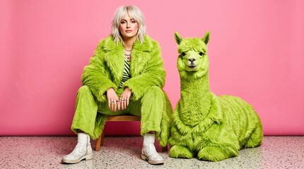 Fototapeta premium Young woman sitting beside lime green alpaca on pink studio backdrop in colorful fashion portrait, contemporary styling with matching faux fur coat and playful studio prop