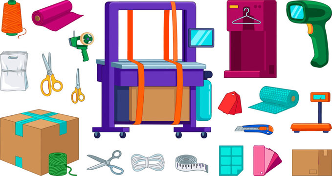 Flat Vector Logistics Icon Set with Strapping Machine Cardboard Box Scanner Tape Dispenser Scales and Packaging Supplies for Warehouse and Shipping Designs
