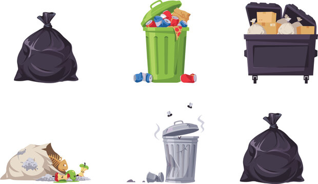 Garbage disposal vector illustration set with icons of black trash bags full green bin overflowing dumpster broken bag with food waste and smelly metal can
