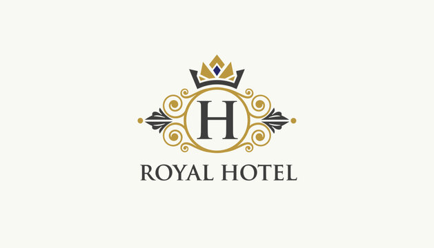 Sophisticated logo for a royal hotel featuring a crown and ornate decorative elements around a central letter h in gold and black.