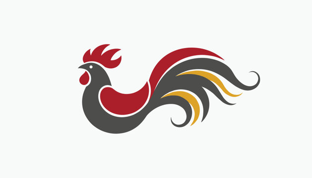 Modern and colorful rooster logo with stylized red comb and flowing tail feathers for a farm or food company brand identity.