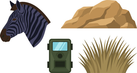 Flat Vector Icon Set Featuring Zebra Head Profile Desert Mountain Rock Camouflage Trail Camera and Savanna Tall Grass Bush for Wildlife Research Designs © sumi