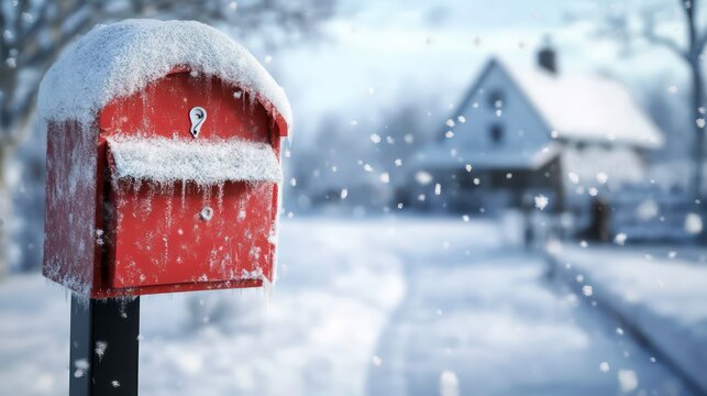 Snow covered mailbox, blur snowed country house background. Empty red postbox open. 3d illustration