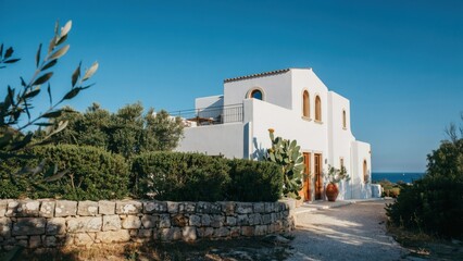 Fototapeta premium White mediterranean villa with stone wall and olive trees