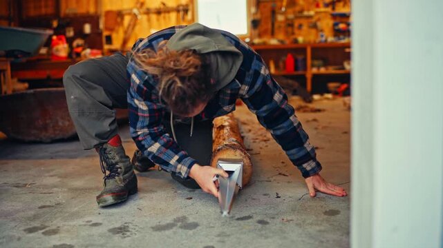 Man Fitting And Marking Metal Post Cap Onto Log In Workshop. static shot
