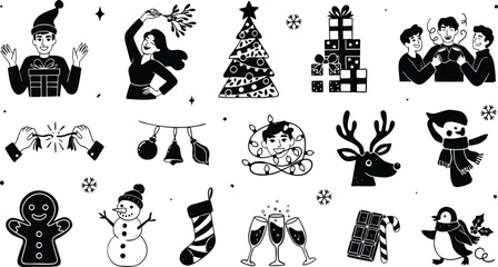 Hand drawn Christmas winter holiday icons vector illustration set with people celebrating festive tree reindeer snowman gingerbread man and gift boxes © KHATUN
