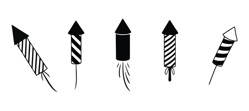 Firework rocket icon set, black silhouette and outline vector collection featuring festive pyrotechnic rockets, celebration fireworks, holiday party symbols, and festival event design elements