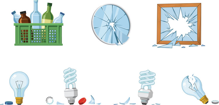 Hand drawn glass recycling and broken glass vector illustration set featuring glass bottles in crate shattered mirror broken window and smashed light bulbs