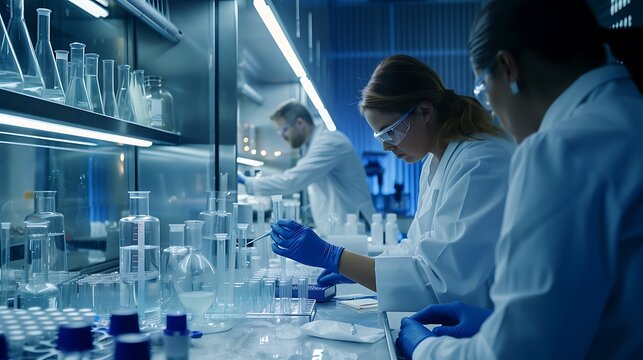 Modern laboratory scientists working glassware safety goggles sterile high tech research 