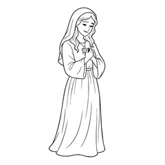 Fototapeta premium Virgin Mary illustration, praying, holding rose, serene, religious figure, line art