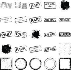 Obraz premium Various Postage Stamps and Postmarks Collection: A compilation of diverse postage stamps, postmarks, ink splatters, and textured elements.