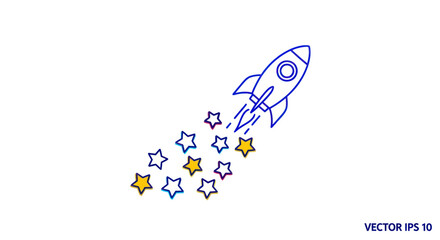 Rocket launch illustration with colorful stars on white background. © Satria