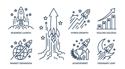 Rocket launch icons for business growth and market expansion. © Satria