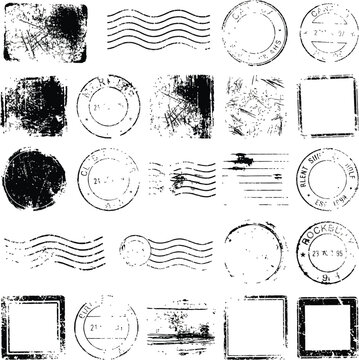 Collection of Grunge Postmarks and Stamps: A varied collection of distressed postmarks, rubber stamp imprints, and postal marks, offering a vintage and textured aesthetic for design projects.