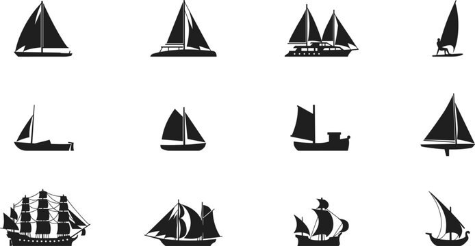 Hand drawn sailing boat silhouettes vector illustration set featuring various yachts catamarans historical caravels windsurfer and maritime ships collection