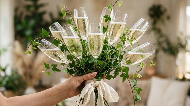 Hand holding bouquet of champagne flutes entwined with ivy and ribbon in indoor living room setting conveying celebratory tabletop serving and party arrangement