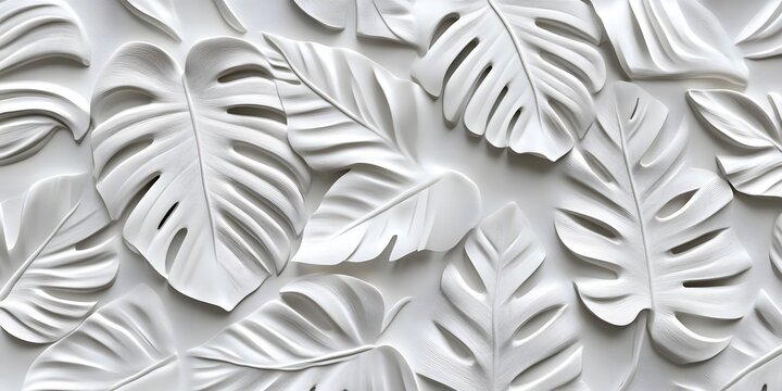 White 3 D bas relief sculpted monstera leaves on smooth surface