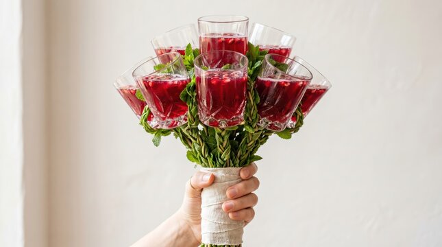 Hand holding bouquet of stemmed glasses filled with red cocktail or juice entwined with greenery and wrapped ribbon in simple indoor setting for reception or party